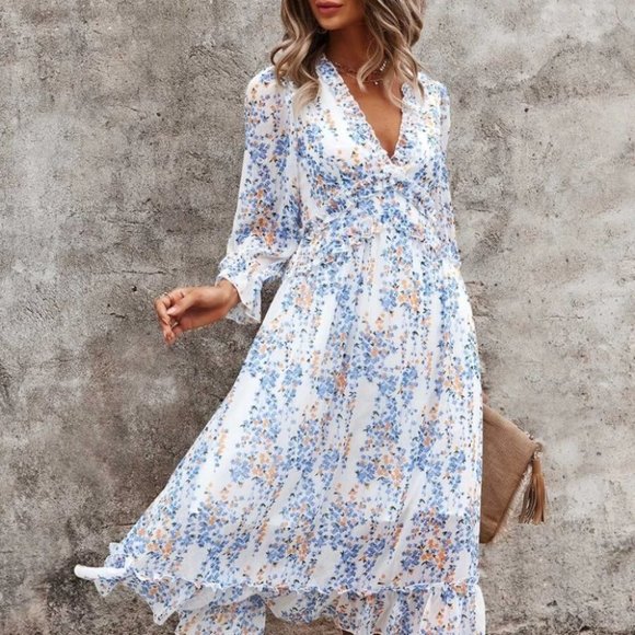 Floral Ditsy Ruffle Hem Dress white blue Shabby Chic Cottagecore - Picture 6 of 6